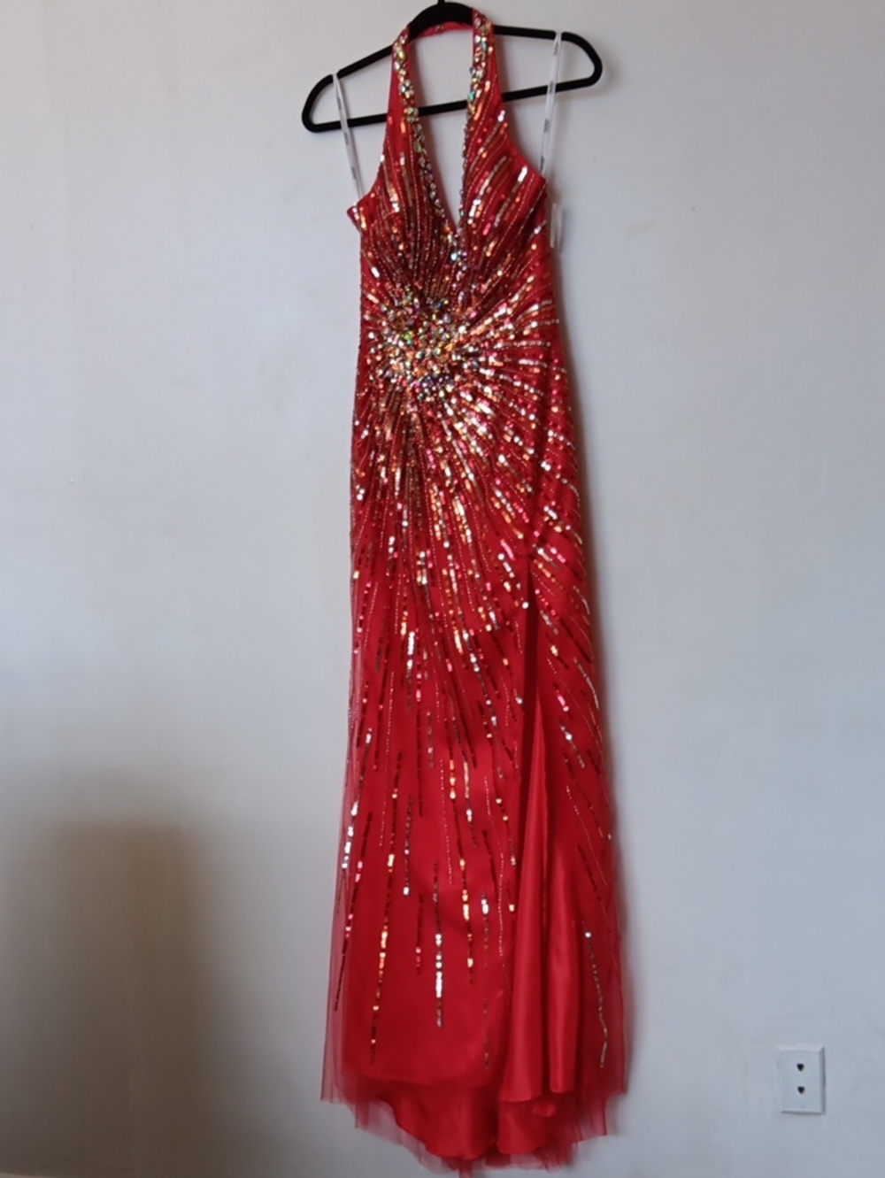 Vintage Tony Bowls Red Sequin Halter Maxi Gown